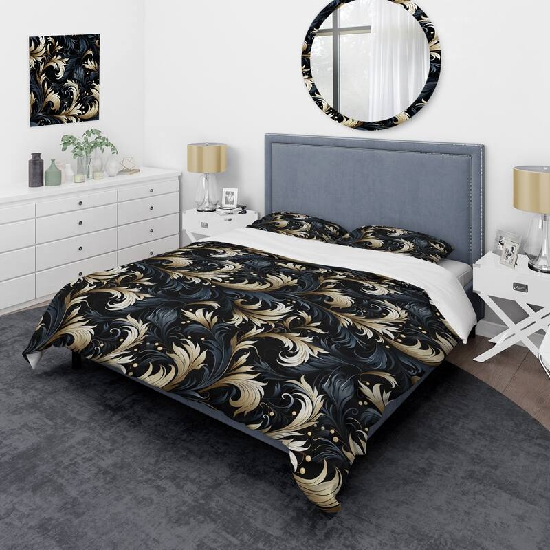 Designart "Damask Black And Grey Calligraphy Flourishes I" Gold Damask bed cover set with 2